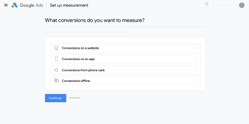 Google Ads Set up measurement screen asking What conversions do you want to measure, with options for website, app, phone calls, or offline.