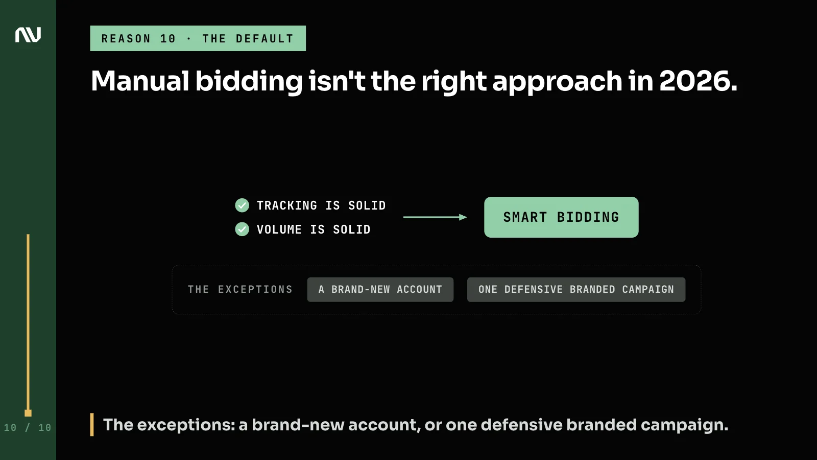 Once tracking and volume are solid, Smart Bidding becomes the default, with 2 narrow exceptions.