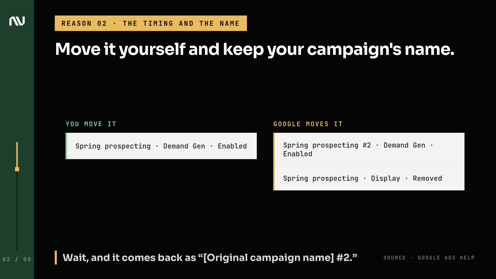 2 campaign tables: moved by you it keeps its name; moved by Google it is renamed "#2" and the original is removed.