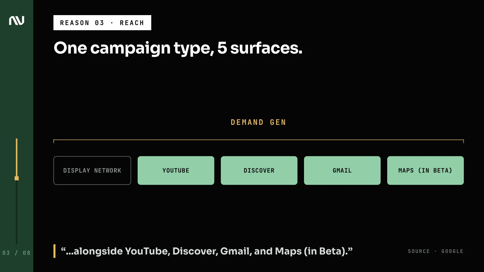 Demand Gen reaching the Display Network plus YouTube, Discover, Gmail and Maps, with Maps in beta.