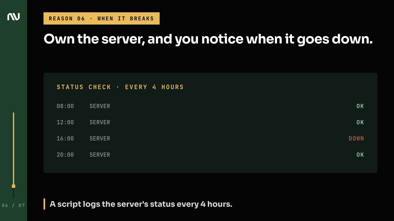 A status log that checks the server every 4 hours and flags the moment it went down.