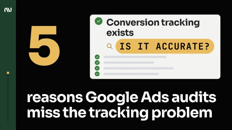 An audit checklist with every row ticked, and a magnifier over "conversion tracking exists" asking if it is accurate.