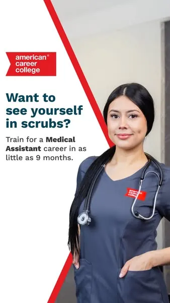 Woman in gray scrubs with a stethoscope looks at the camera under the headline "Want to see yourself in scrubs?"