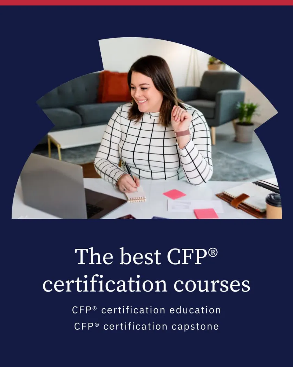 Navy ad frame: a smiling woman writes at a laptop in a curved frame above the text The best CFP certification courses