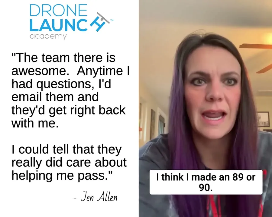A woman speaks to camera next to the Drone Launch Academy logo and a quote about the team