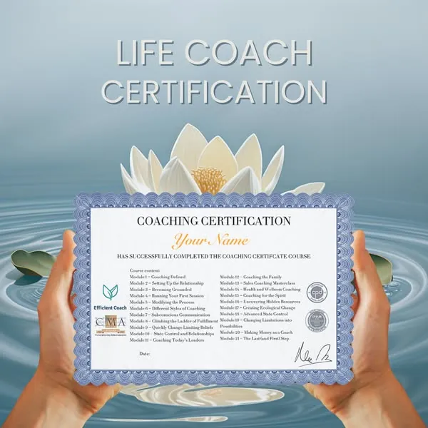2 hands hold a sample life coach certificate over blue water with a white lotus