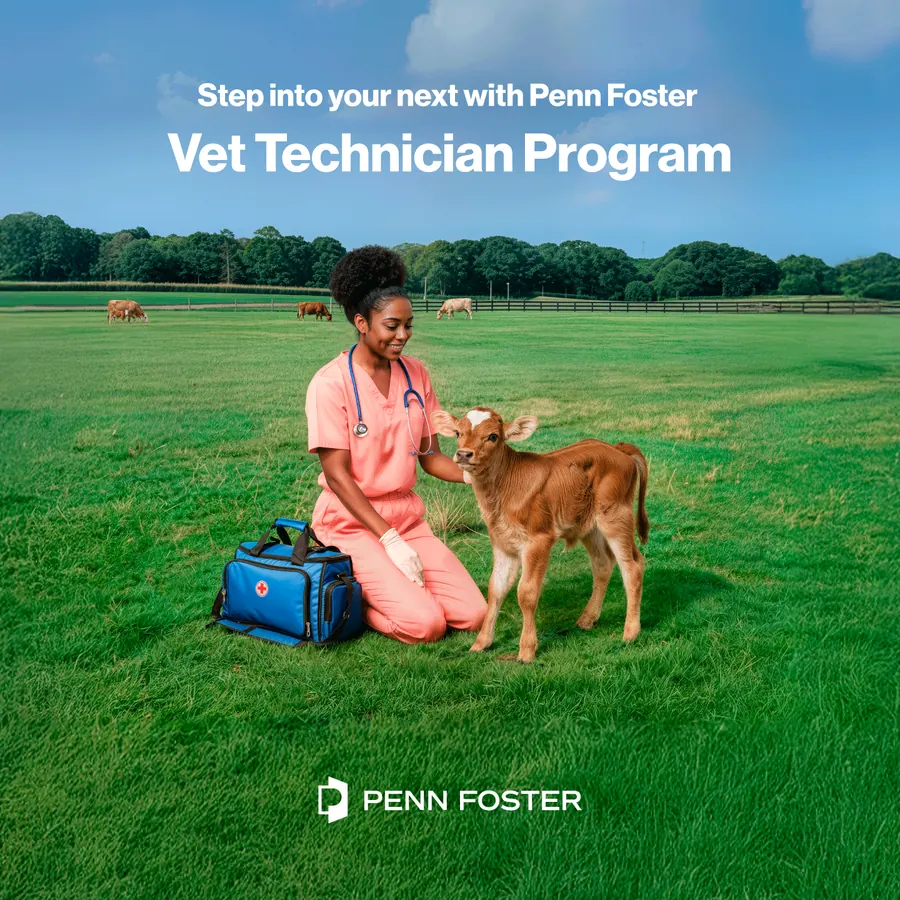 Woman in pink scrubs kneels with a calf in a field; text "Step into your next with Penn Foster"