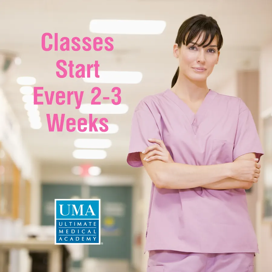 Woman in pink scrubs in a hospital hallway with the text "Classes Start Every 2-3 Weeks" and the UMA logo