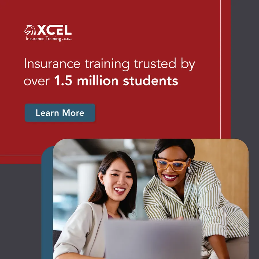 2 women look at a laptop beside the text "Insurance training trusted by over 1.5 million students"