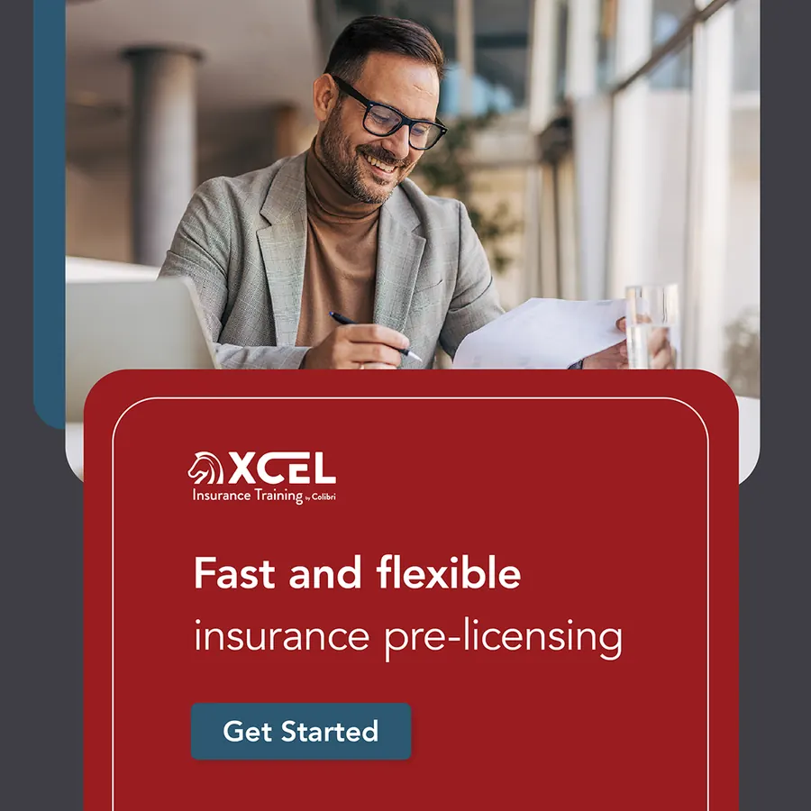 Smiling man in glasses writes at a desk; text "Fast and flexible insurance pre-licensing"