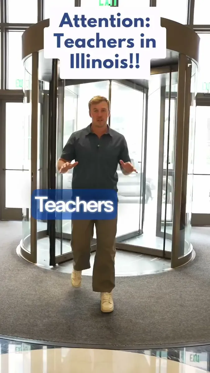 Man in a dark polo walks out of a revolving door under the headline Attention: Teachers in Illinois!!