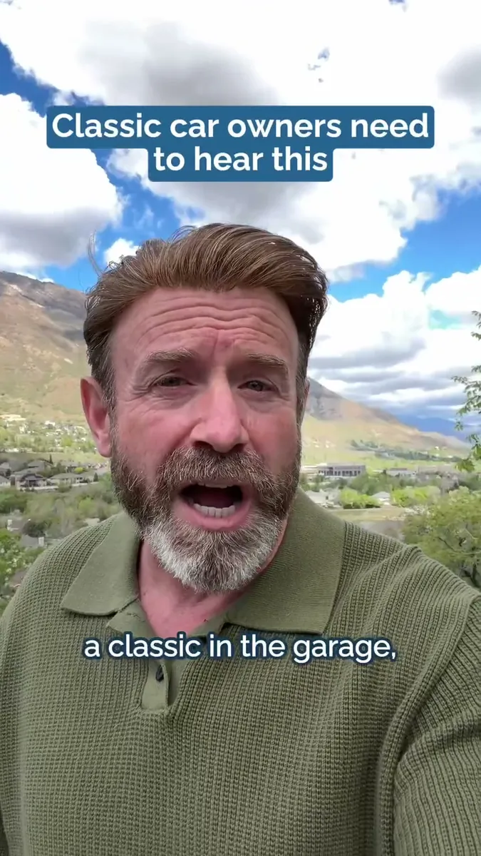 Bearded man in a green polo speaks to camera under the headline Classic car owners need to hear this.