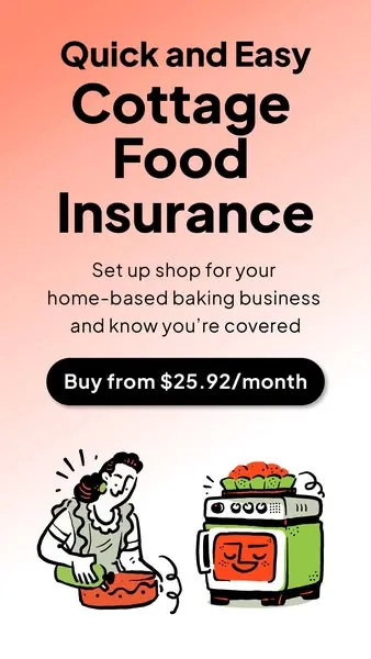 Food Liability ad: Cottage Food Insurance headline, baker illustration, Buy from $25.92/month button