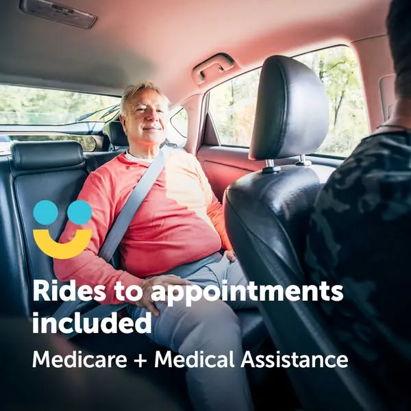 HealthPartners ad: smiling older man belted in a car's back seat; headline Rides to appointments included