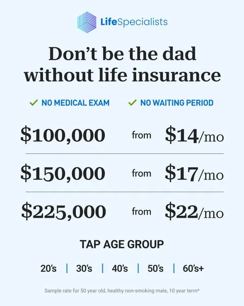 Life Insurance Specialists ad: headline Don't be the dad without life insurance, with a three-row price table