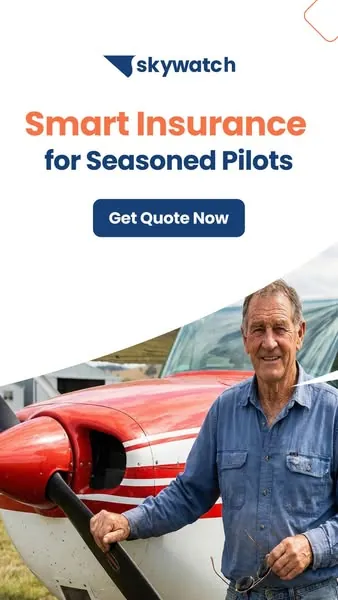 SkyWatch ad: older man beside a red propeller plane under the headline Smart Insurance for Seasoned Pilots