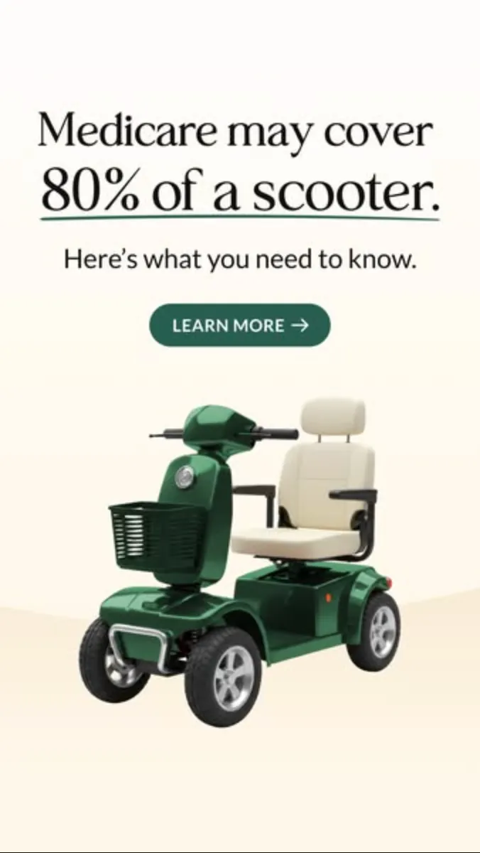 Ad image: headline Medicare may cover 80% of a scooter, a Learn More button and a green mobility scooter on cream