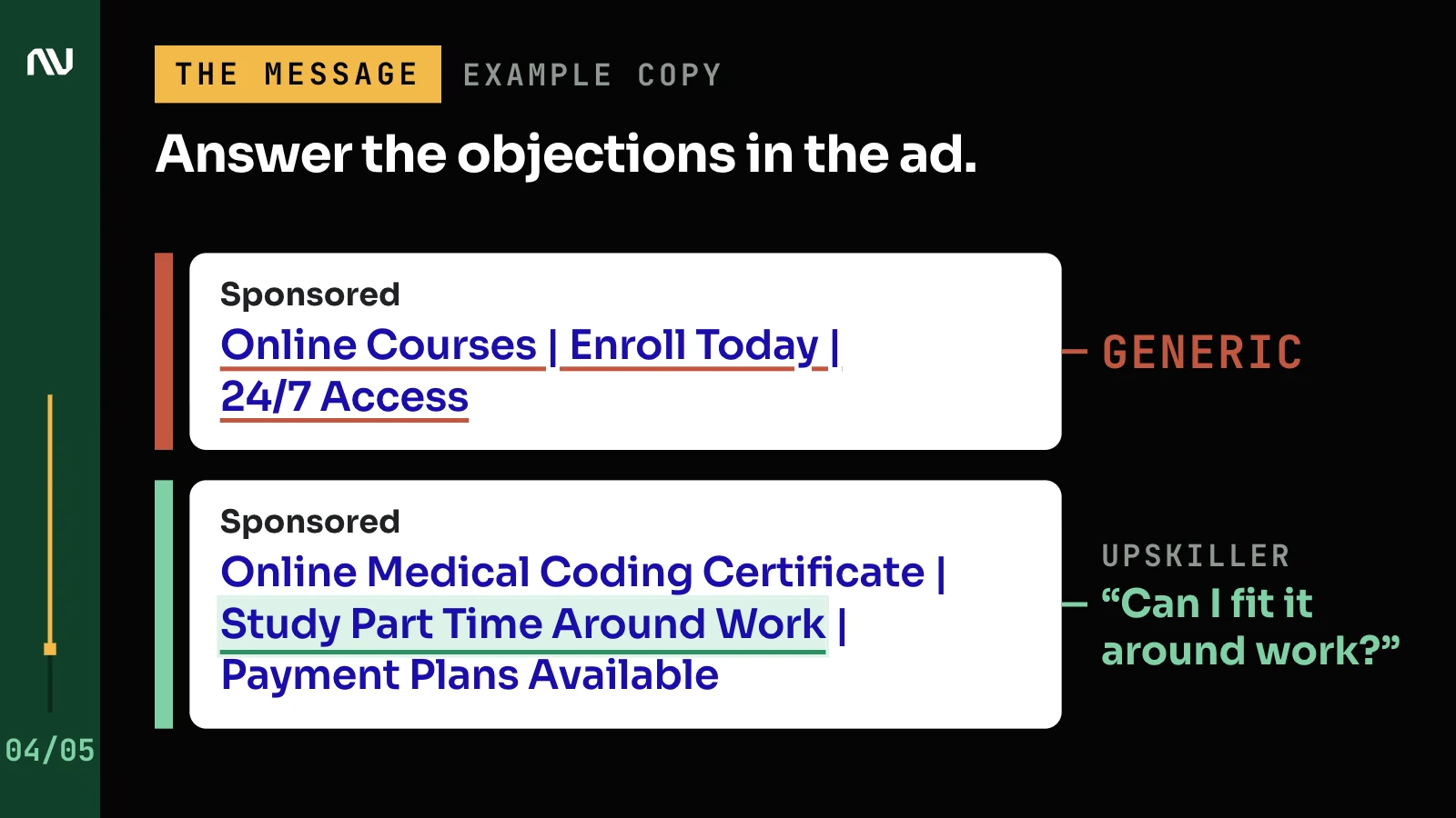 Example copy: a generic search ad for online courses next to a strong ad for an online medical coding certificate that answers whether a student can fit it around work.