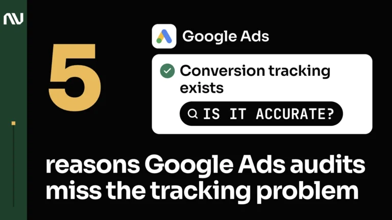 The Google Ads logo with its name above a white checklist card: a green tick beside Conversion tracking exists and a black pill with a magnifier that asks Is it accurate?