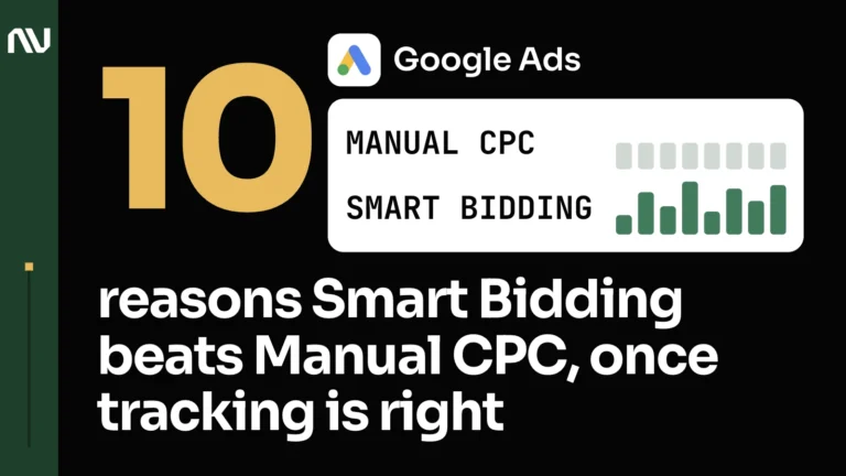 The Google Ads logo with its name above a white card with 2 rows of bars: Manual CPC with 8 equal grey bars and Smart Bidding with 8 green bars of different heights.