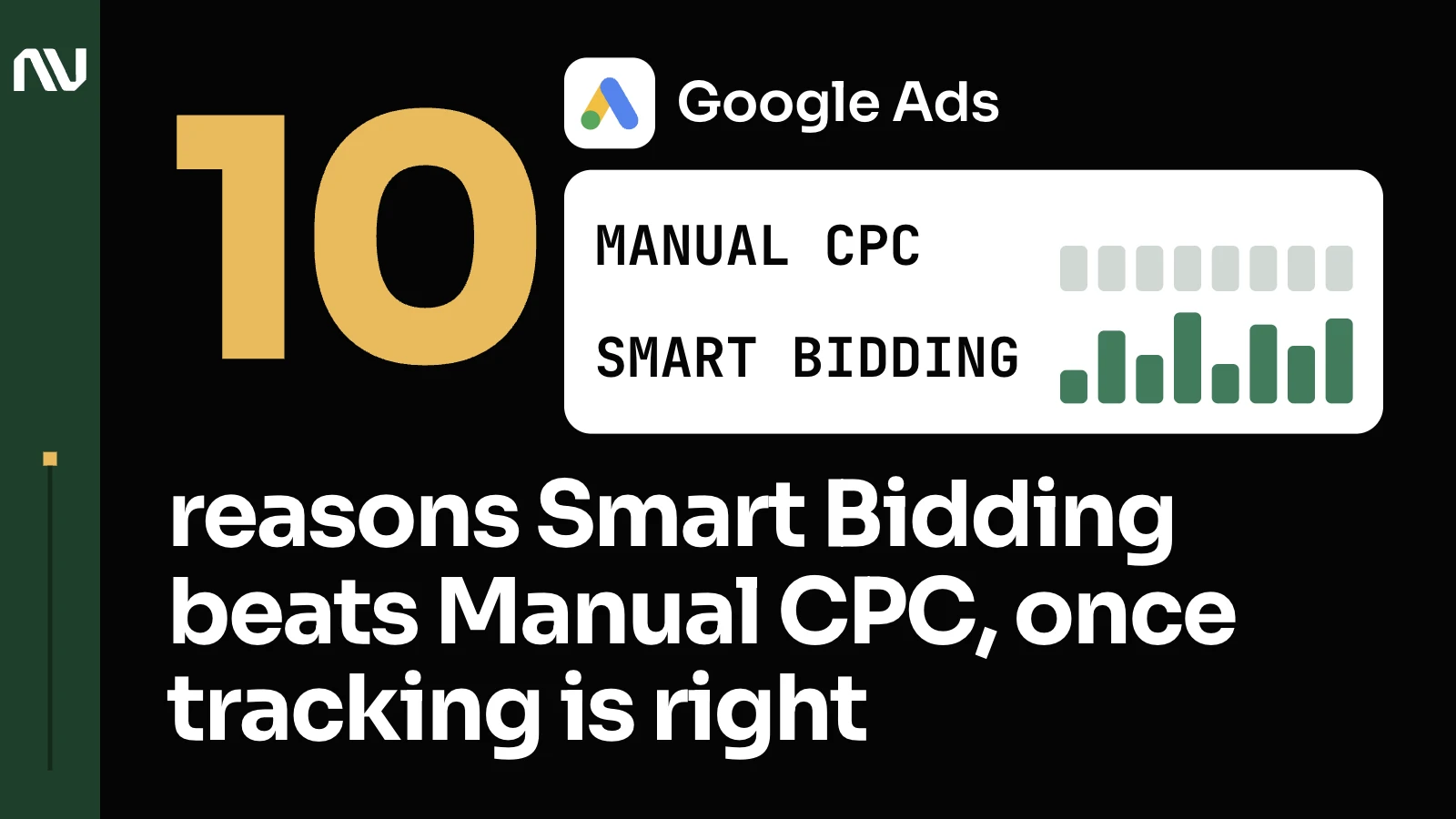 The Google Ads logo with its name above a white card with 2 rows of bars: Manual CPC with 8 equal grey bars and Smart Bidding with 8 green bars of different heights.