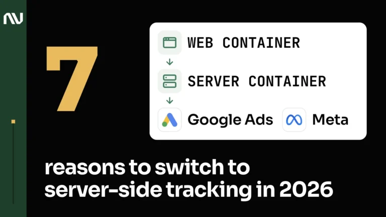 A white data flow card: Web container, then Server container, then the Google Ads logo and the Meta logo, each with its name.