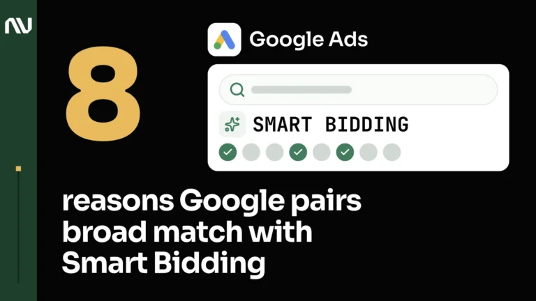 The Google Ads logo with its name above a white card: a search bar, a Smart Bidding row and 8 round marks, 3 of them green with a tick.