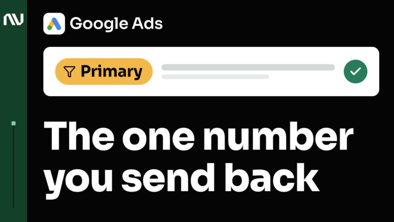 The Google Ads logo with its name. Large text: The one number you send back. A white card with a chip that reads Primary.